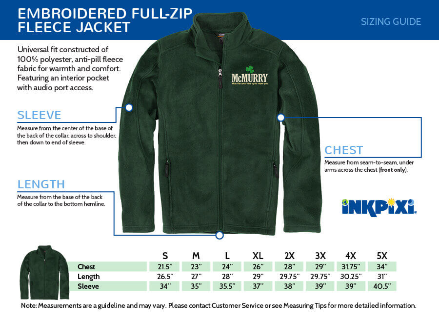 zip fleece sizes chart