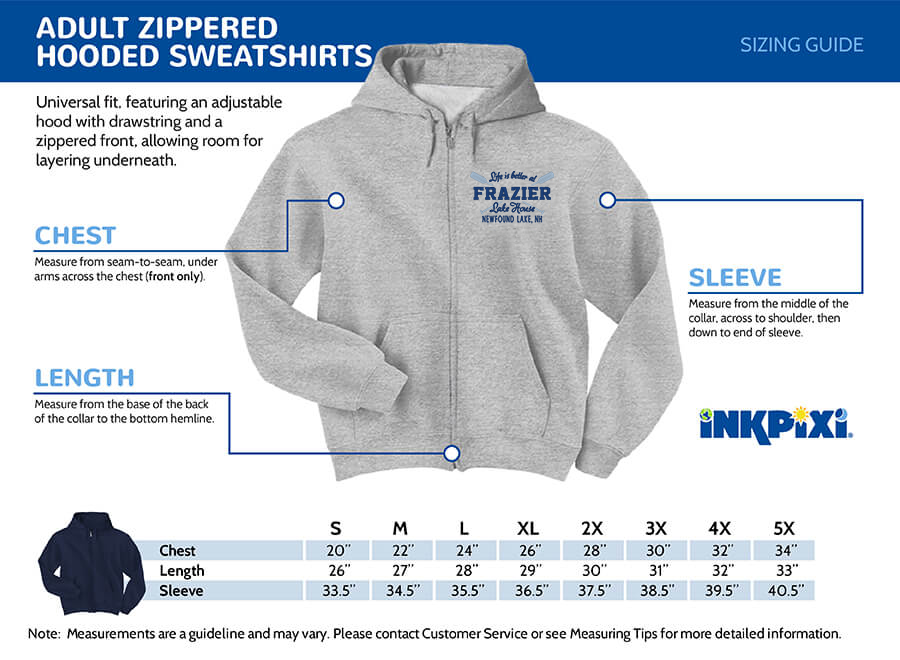 zip hoodie sizes chart